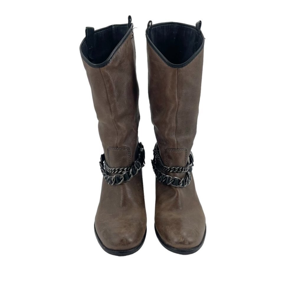 Nicole Brown Vegan Leather Chain Buckle Knee High Heeled Boots Womens Size 8 - Picture 5 of 9